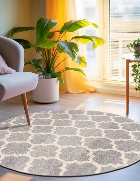Light Gray 6' 1 x 6' 1 Trellis Round Area Rug Geometric Modern Unique Durable Easy Clean Carpet for Contemporary Interior Design for Sale at Rug Engine