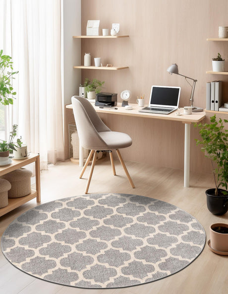 Light Gray 7' 10 x 7' 10 Trellis Round Area Rug Geometric Modern Unique Durable Easy Clean Carpet for Contemporary Interior Design for Sale at Rug Engine