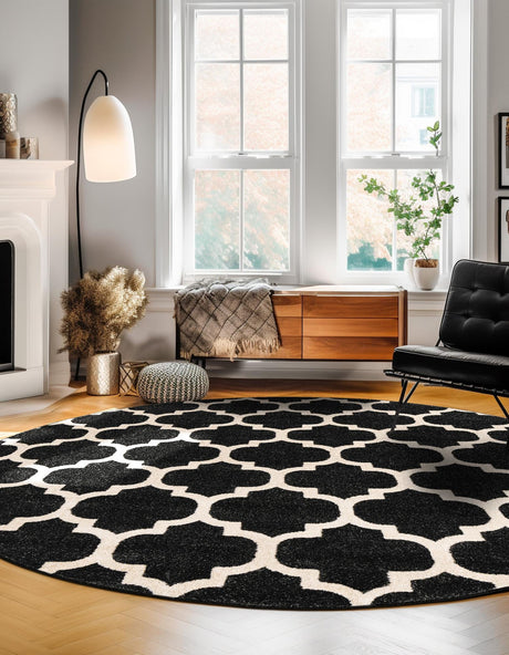 Black 3' 1 x 3' 1 Trellis Round Area Rug Geometric Modern Unique Durable Easy Clean Carpet for Contemporary Interior Design for Sale at Rug Engine