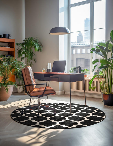 Black 12' 2 x 12' 2 Trellis Round Area Rug Geometric Modern Unique Durable Easy Clean Carpet for Contemporary Interior Design for Sale at Rug Engine