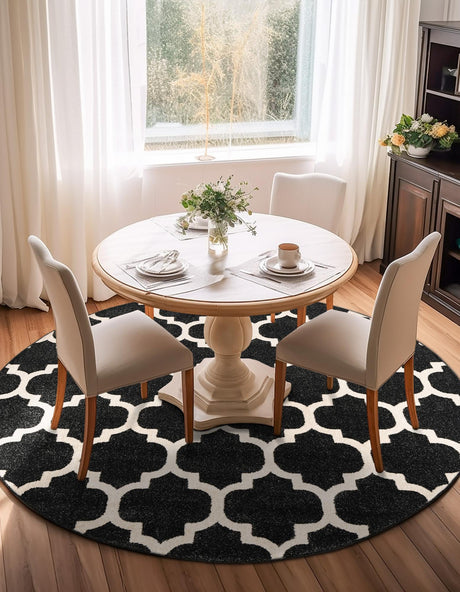Black 6' 1 x 6' 1 Trellis Round Area Rug Geometric Modern Unique Durable Easy Clean Carpet for Contemporary Interior Design for Sale at Rug Engine