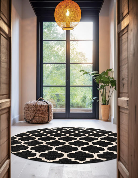 Black 3' 1 x 3' 1 Trellis Round Area Rug Geometric Modern Unique Durable Easy Clean Carpet for Contemporary Interior Design for Sale at Rug Engine