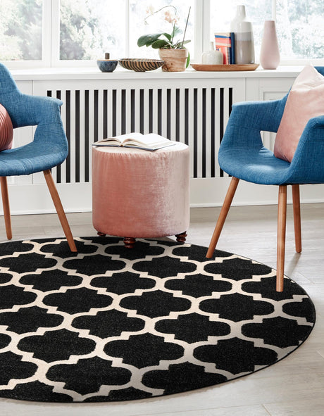 Black 10' x 10' Trellis Round Area Rug Geometric Modern Unique Durable Easy Clean Carpet for Contemporary Interior Design for Sale at Rug Engine