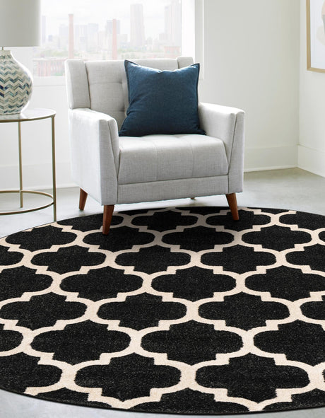 Black 6' 1 x 6' 1 Trellis Round Area Rug Geometric Modern Unique Durable Easy Clean Carpet for Contemporary Interior Design for Sale at Rug Engine
