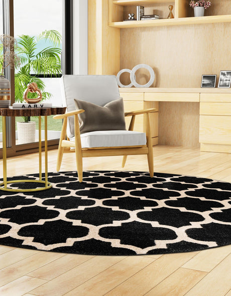 Black 10' x 10' Trellis Round Area Rug Geometric Modern Unique Durable Easy Clean Carpet for Contemporary Interior Design for Sale at Rug Engine