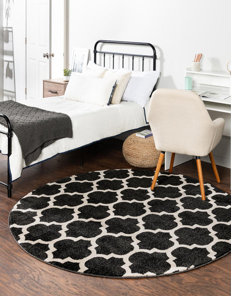 Black 10' x 10' Trellis Round Area Rug Geometric Modern Unique Durable Easy Clean Carpet for Contemporary Interior Design for Sale at Rug Engine