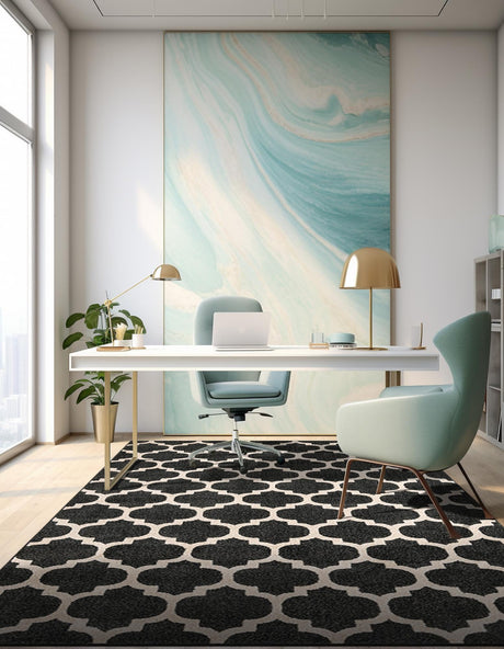 Black 10' 6 x 16' 5 Trellis Rectangle Area Rug Geometric Modern Unique Durable Easy Clean Carpet for Contemporary Interior Design for Sale at Rug Engine