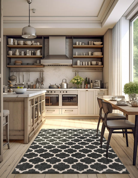 Black 4' 1 x 6' 1 Trellis Rectangle Area Rug Geometric Modern Unique Durable Easy Clean Carpet for Contemporary Interior Design for Sale at Rug Engine