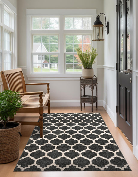 Black 6' 1 x 9' Trellis Rectangle Area Rug Geometric Modern Unique Durable Easy Clean Carpet for Contemporary Interior Design for Sale at Rug Engine