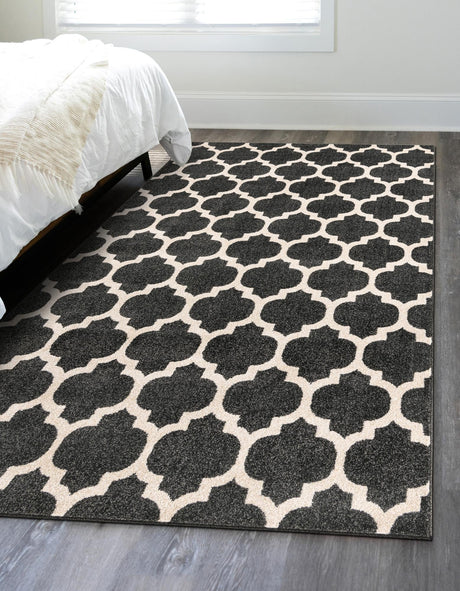 Black 6' 1 x 9' Trellis Rectangle Area Rug Geometric Modern Unique Durable Easy Clean Carpet for Contemporary Interior Design for Sale at Rug Engine