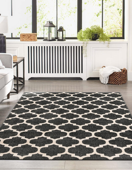 Black 6' 1 x 9' Trellis Rectangle Area Rug Geometric Modern Unique Durable Easy Clean Carpet for Contemporary Interior Design for Sale at Rug Engine