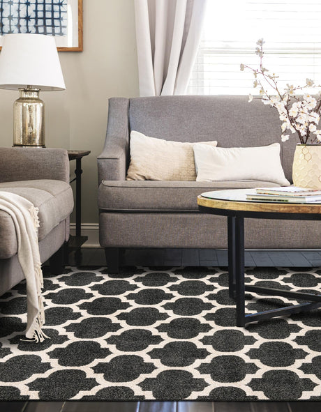 Black 7' 1 x 10' Trellis Rectangle Area Rug Geometric Modern Unique Durable Easy Clean Carpet for Contemporary Interior Design for Sale at Rug Engine