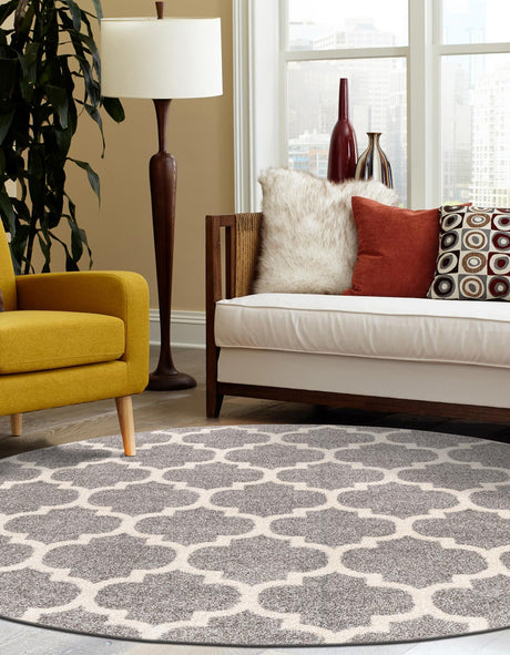Dark Gray 7' 10 x 7' 10 Trellis Round Area Rug Geometric Modern Unique Durable Easy Clean Carpet for Contemporary Interior Design for Sale at Rug Engine
