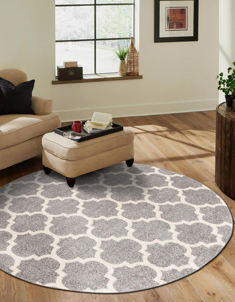 Dark Gray 7' 10 x 7' 10 Trellis Round Area Rug Geometric Modern Unique Durable Easy Clean Carpet for Contemporary Interior Design for Sale at Rug Engine