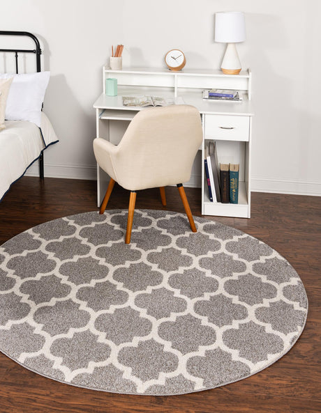Dark Gray 7' 10 x 7' 10 Trellis Round Area Rug Geometric Modern Unique Durable Easy Clean Carpet for Contemporary Interior Design for Sale at Rug Engine