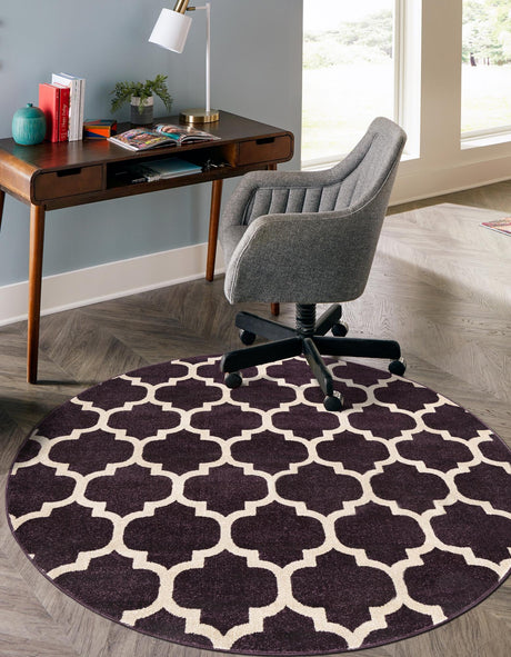 Purple 6' 1 x 6' 1 Trellis Round Area Rug Geometric Modern Unique Durable Easy Clean Carpet for Contemporary Interior Design for Sale at Rug Engine