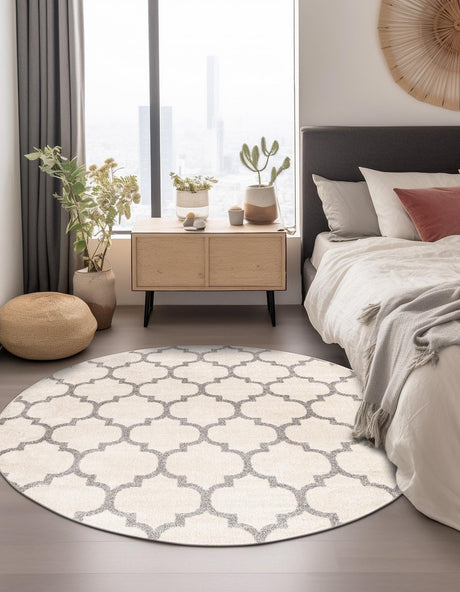 Beige and Gray 6' 1 x 6' 1 Trellis Round Area Rug Geometric Modern Unique Durable Easy Clean Carpet for Contemporary Interior Design for Sale at Rug Engine