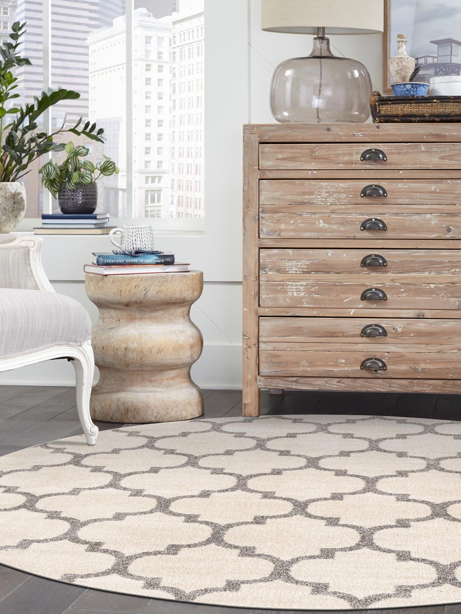 Beige and Gray 12' 2 x 12' 2 Trellis Round Area Rug