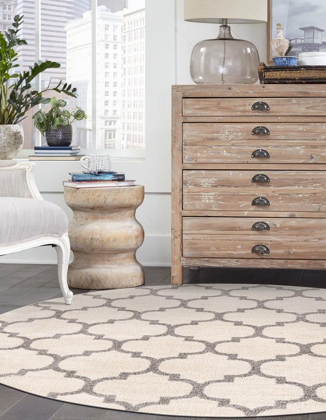 Beige and Gray 6' 1 x 6' 1 Trellis Round Rug