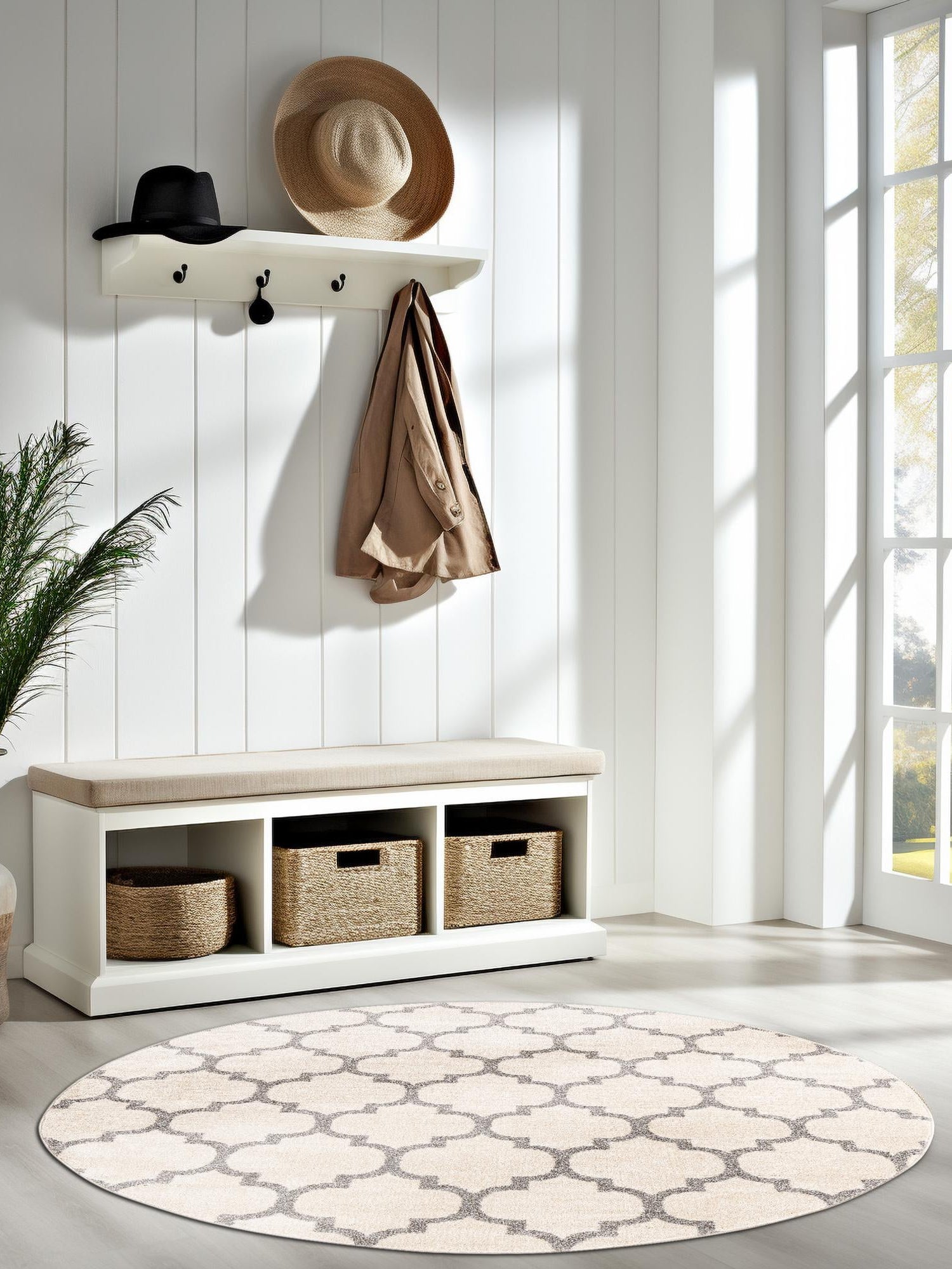 Beige and Gray 6' 1 x 6' 1 Trellis Round Area Rug