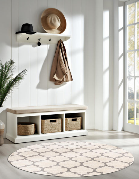 Beige and Gray 7' 10 x 7' 10 Trellis Round Area Rug Geometric Modern Unique Durable Easy Clean Carpet for Contemporary Interior Design for Sale at Rug Engine