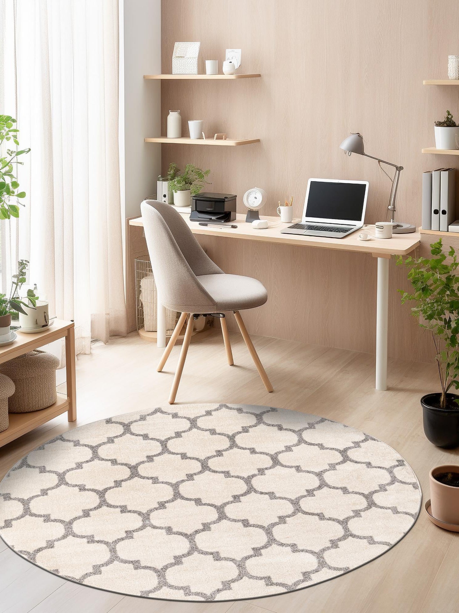 Beige and Gray 12' 2 x 12' 2 Trellis Round Area Rug