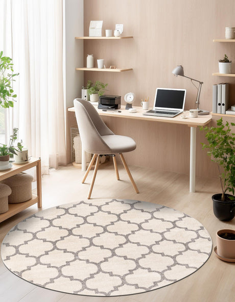 Beige and Gray 7' 10 x 7' 10 Trellis Round Area Rug Geometric Modern Unique Durable Easy Clean Carpet for Contemporary Interior Design for Sale at Rug Engine