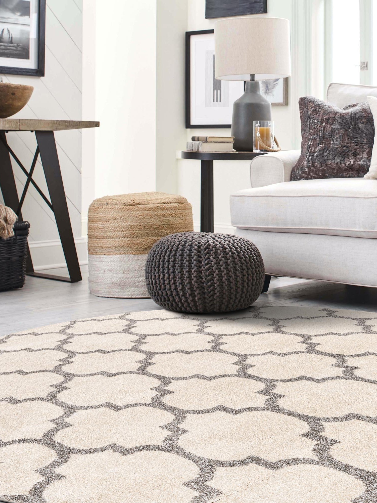 Beige and Gray 12' 2 x 12' 2 Trellis Round Area Rug