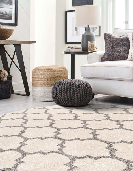 Beige and Gray 6' 1 x 6' 1 Trellis Round Area Rug Geometric Modern Unique Durable Easy Clean Carpet for Contemporary Interior Design for Sale at Rug Engine