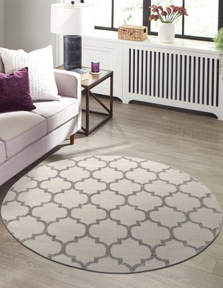 Beige and Gray 6' 1 x 6' 1 Trellis Round Area Rug Geometric Modern Unique Durable Easy Clean Carpet for Contemporary Interior Design for Sale at Rug Engine