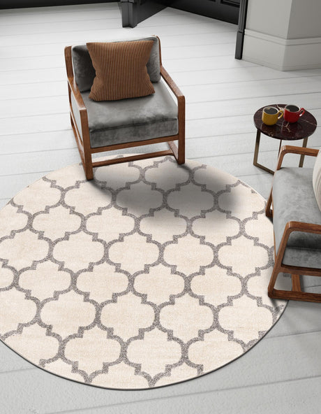 Beige and Gray 12' 2 x 12' 2 Trellis Round Area Rug Geometric Modern Unique Durable Easy Clean Carpet for Contemporary Interior Design for Sale at Rug Engine
