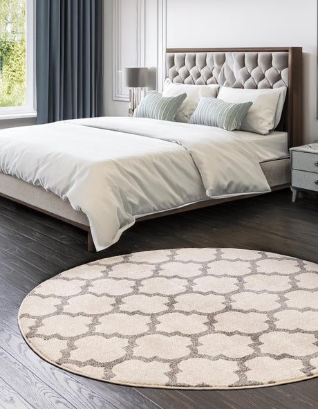 Beige and Gray 12' 2 x 12' 2 Trellis Round Area Rug Geometric Modern Unique Durable Easy Clean Carpet for Contemporary Interior Design for Sale at Rug Engine