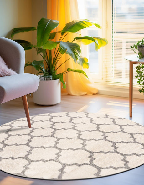 Beige and Gray 12' 2 x 12' 2 Trellis Round Area Rug Geometric Modern Unique Durable Easy Clean Carpet for Contemporary Interior Design for Sale at Rug Engine