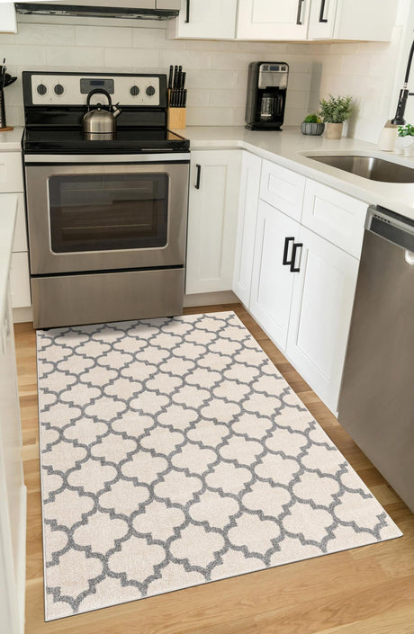 Beige and Gray 6' 1 x 9' Trellis Rectangle Area Rug Geometric Modern Unique Durable Easy Clean Carpet for Contemporary Interior Design for Sale at Rug Engine