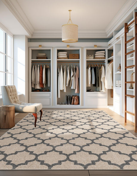 Beige and Gray 7' 1 x 10' Trellis Rectangle Area Rug Geometric Modern Unique Durable Easy Clean Carpet for Contemporary Interior Design for Sale at Rug Engine