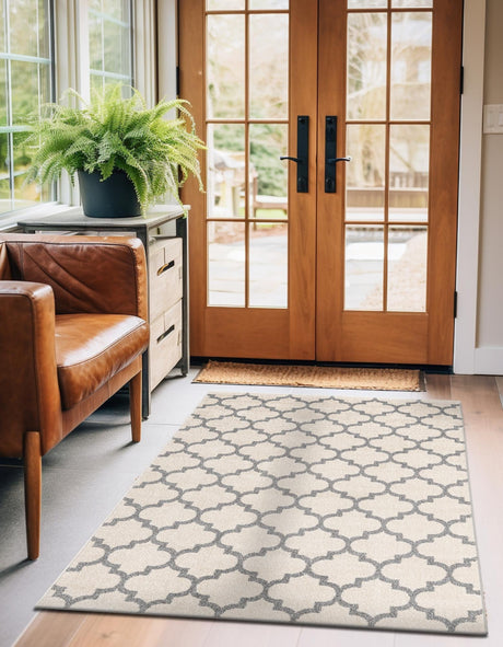 Beige and Gray 4' 1 x 6' 1 Trellis Rectangle Area Rug Geometric Modern Unique Durable Easy Clean Carpet for Contemporary Interior Design for Sale at Rug Engine