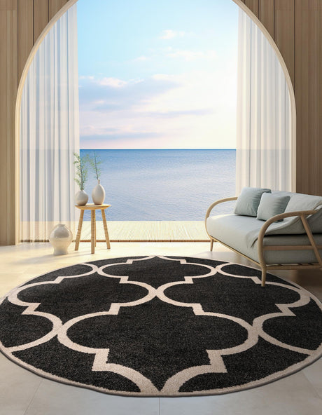 Black and White 3' 3 x 3' 3 Trellis Round Area Rug Geometric Modern Unique Durable Easy Clean Carpet for Contemporary Interior Design for Sale at Rug Engine