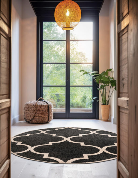 Black and White 8' x 8' Trellis Round Area Rug Geometric Modern Unique Durable Easy Clean Carpet for Contemporary Interior Design for Sale at Rug Engine