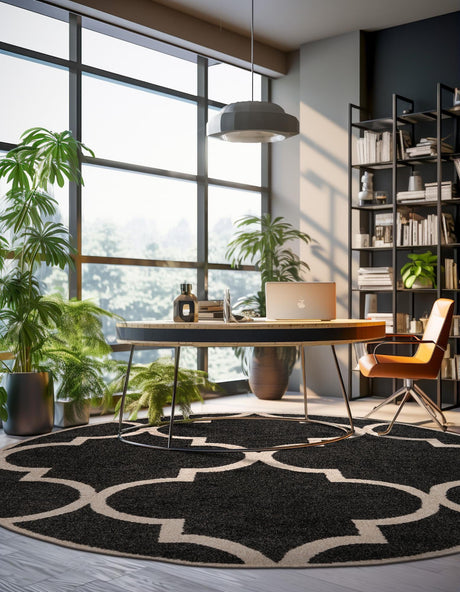 Black and White 8' x 8' Trellis Round Area Rug Geometric Modern Unique Durable Easy Clean Carpet for Contemporary Interior Design for Sale at Rug Engine