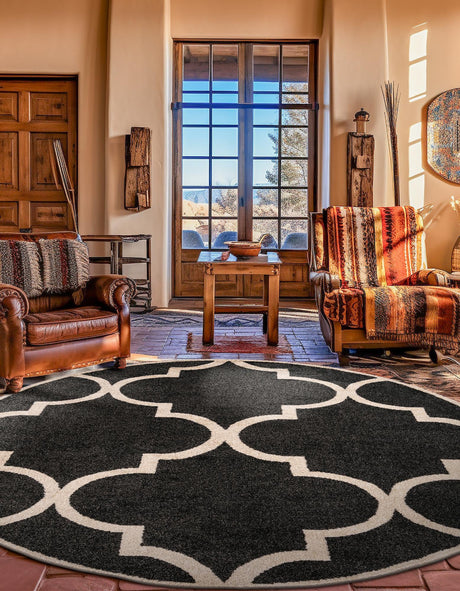Black and White 8' x 8' Trellis Round Area Rug Geometric Modern Unique Durable Easy Clean Carpet for Contemporary Interior Design for Sale at Rug Engine