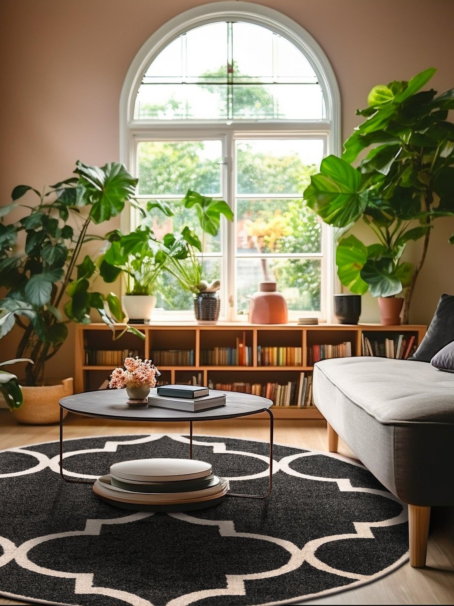 Black and White 8' x 8' Trellis Round Area Rug