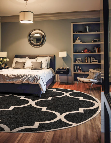 Black and White 3' 3 x 3' 3 Trellis Round Area Rug Geometric Modern Unique Durable Easy Clean Carpet for Contemporary Interior Design for Sale at Rug Engine