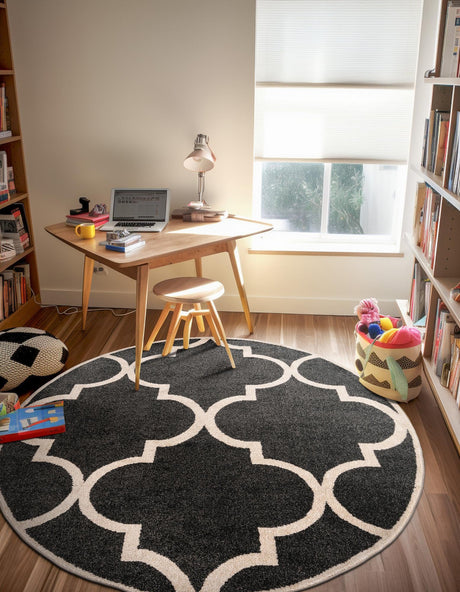 Black and White 3' 3 x 3' 3 Trellis Round Area Rug Geometric Modern Unique Durable Easy Clean Carpet for Contemporary Interior Design for Sale at Rug Engine