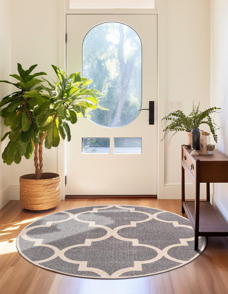 Gray 6' 1 x 6' 1 Trellis Round Area Rug Geometric Modern Unique Durable Easy Clean Carpet for Contemporary Interior Design for Sale at Rug Engine