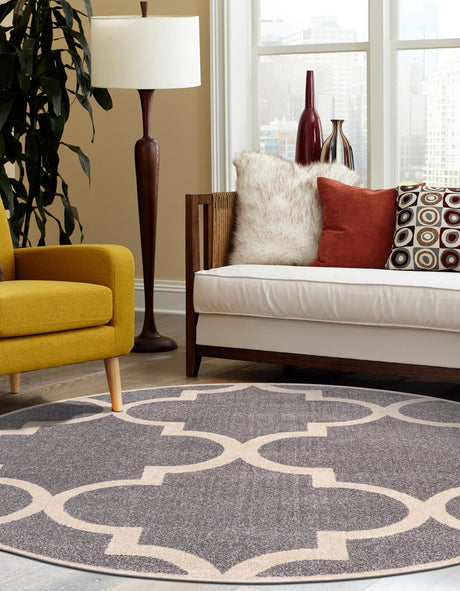 Gray 6' 1 x 6' 1 Trellis Round Area Rug Geometric Modern Unique Durable Easy Clean Carpet for Contemporary Interior Design for Sale at Rug Engine