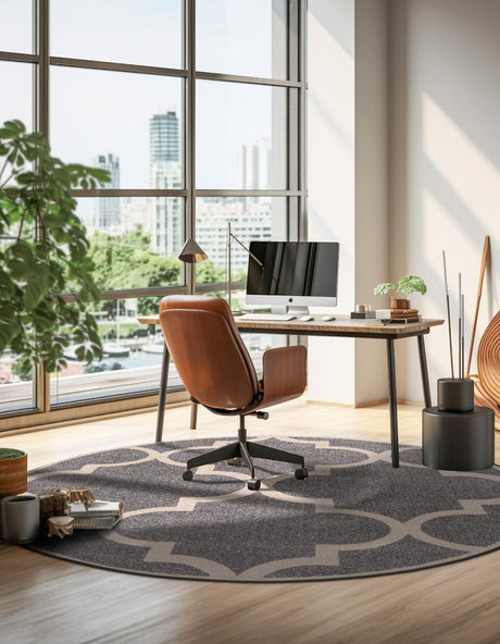 Gray 6' 1 x 6' 1 Trellis Round Area Rug Geometric Modern Unique Durable Easy Clean Carpet for Contemporary Interior Design for Sale at Rug Engine