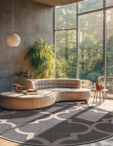 Gray 6' 1 x 6' 1 Trellis Round Area Rug Geometric Modern Unique Durable Easy Clean Carpet for Contemporary Interior Design for Sale at Rug Engine