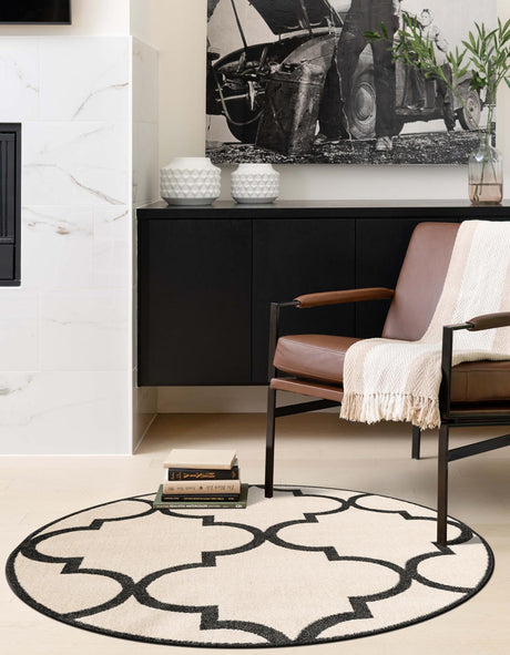 Beige and Black 3' 3 x 3' 3 Trellis Round Area Rug