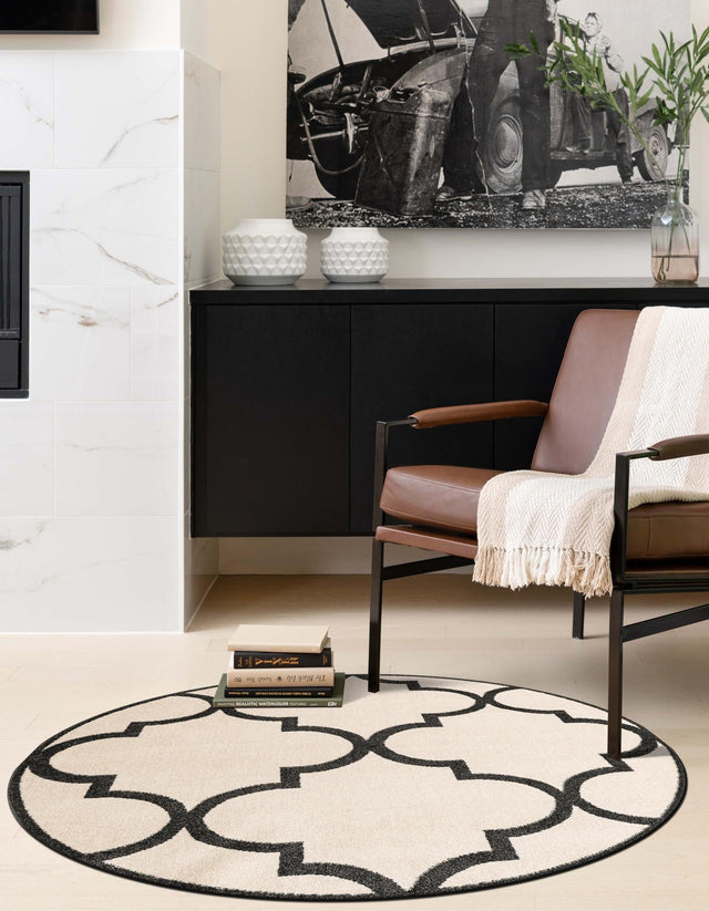Beige and Black 3' 3 x 3' 3 Trellis Round Area Rug