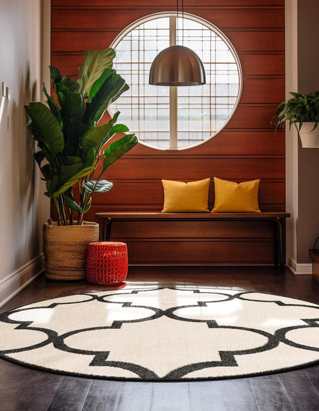 Beige and Black 3' 3 x 3' 3 Trellis Round Area Rug Geometric Modern Unique Durable Easy Clean Carpet for Contemporary Interior Design for Sale at Rug Engine